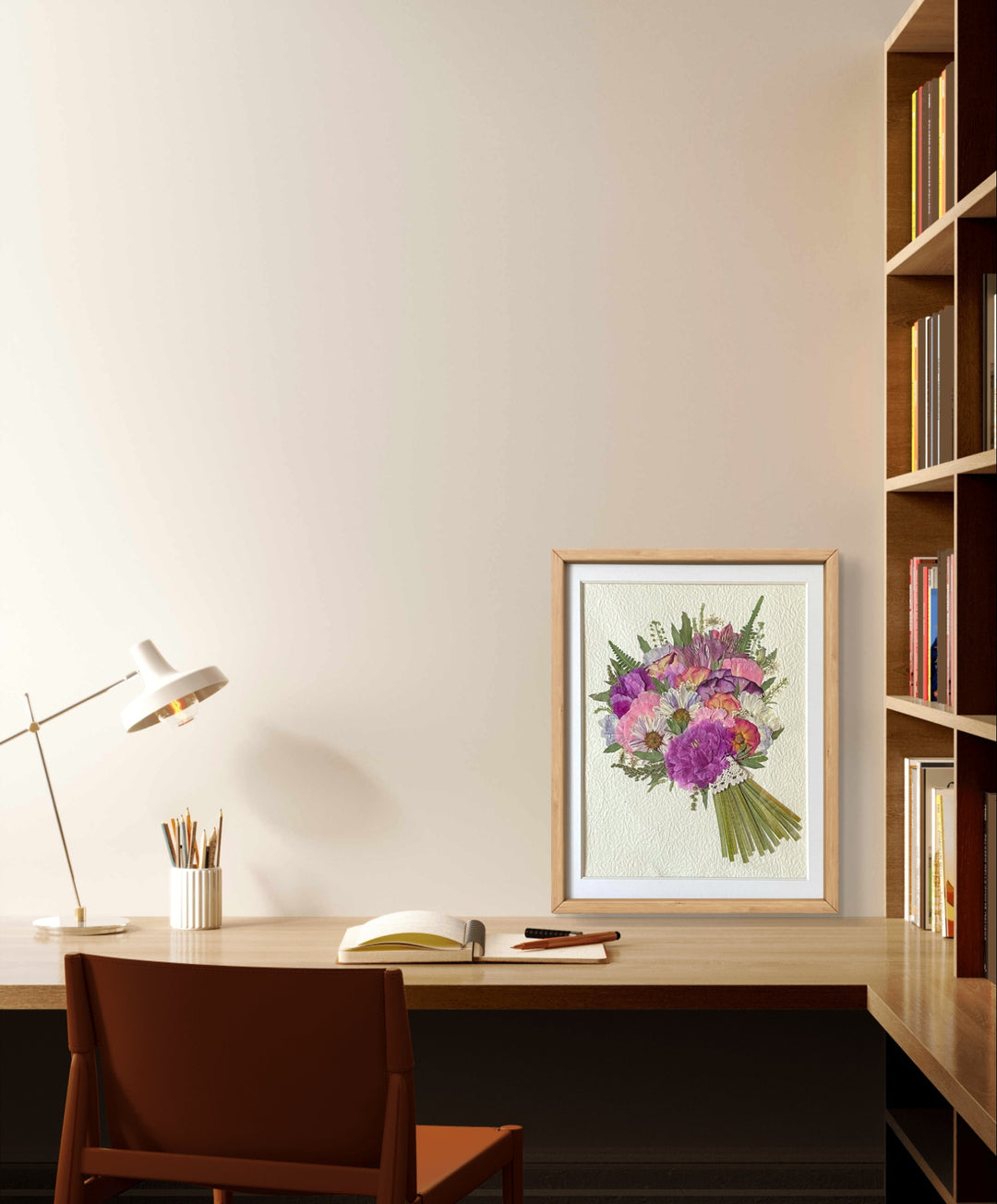 11 inches width 12.5 inches height pressed flower frame art that is purple style stands on the wood table.