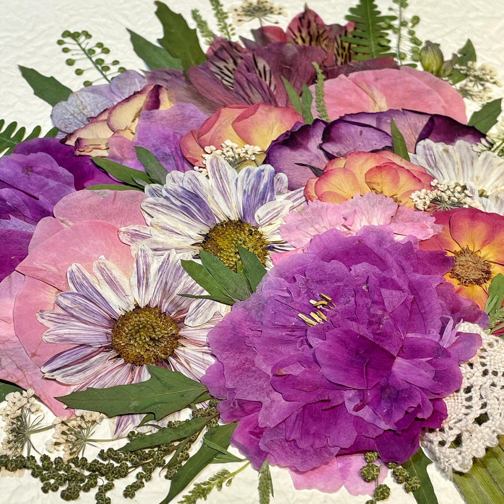 Details of 11 inches width 12.5 inches height pressed flower frame art that is purple style.