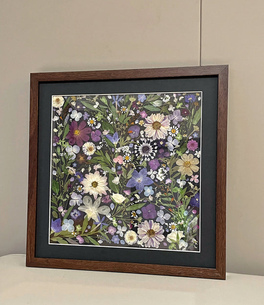 pressed flower frame art for wall decoration, finished product of abstract style on black background  