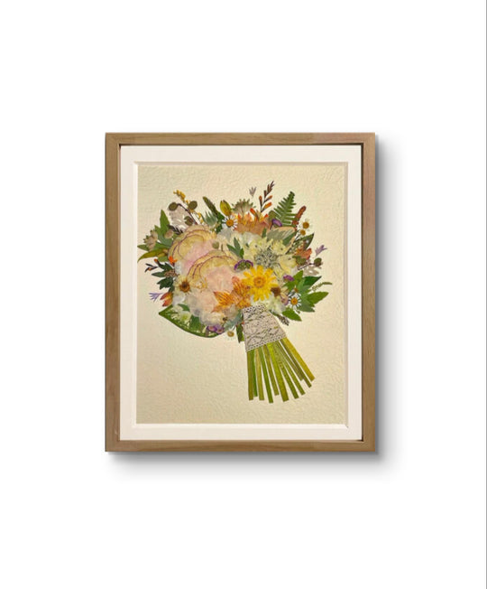 11 inches width 12.5 inches height pressed flower frame art that is yellow bouquet theme.