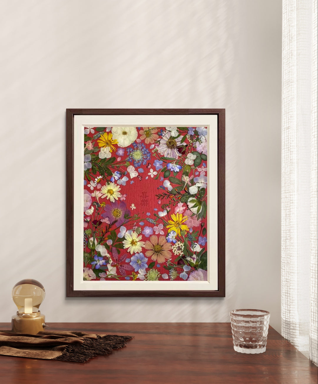 Passionate love theme 11 inches width 12.5 inches height pressed flower frame art hanging on the wall. 