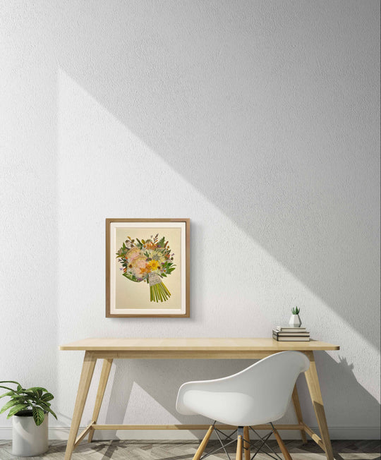 11 inches width 12.5 inches height pressed flower frame art that is yellow bouquet theme handing above wood table