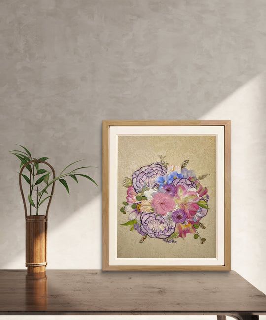 carnation petals formed pressed flower frame art stands on wood desktop