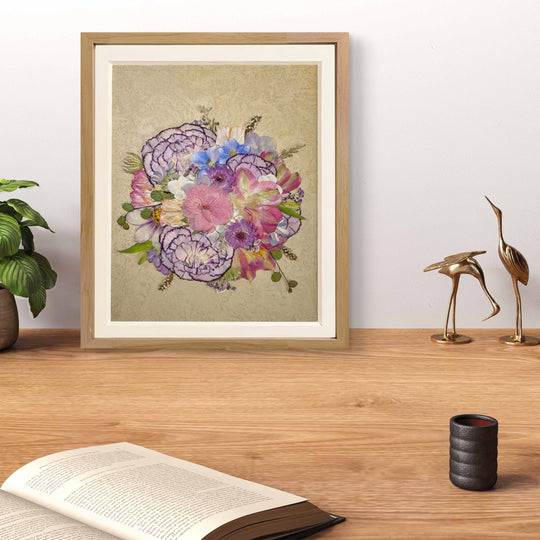 carnation petals formed pressed flower frame art stands on wood desktop