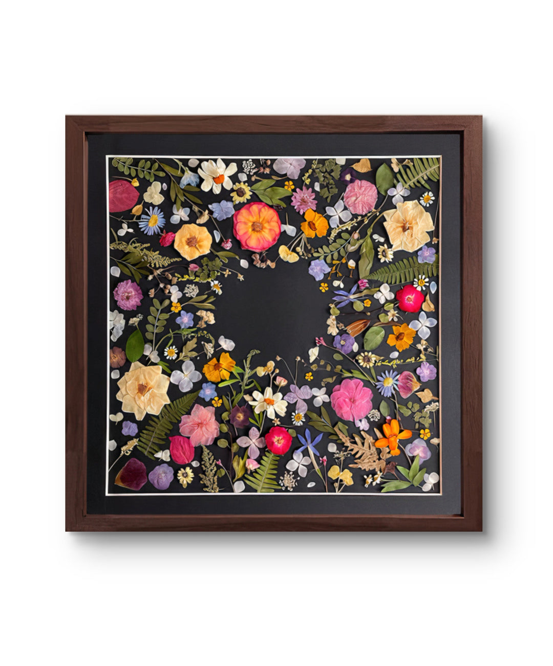 black background pressed flower frame art with flower petals