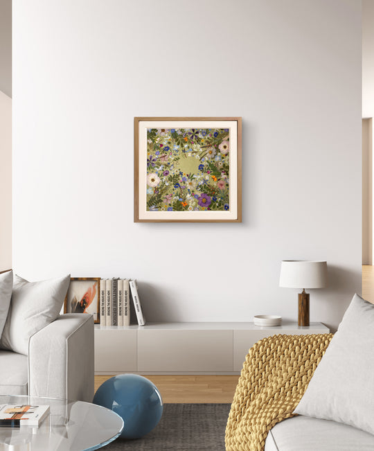 white background pressed flower frame art with flower petals hanging on the living room wall