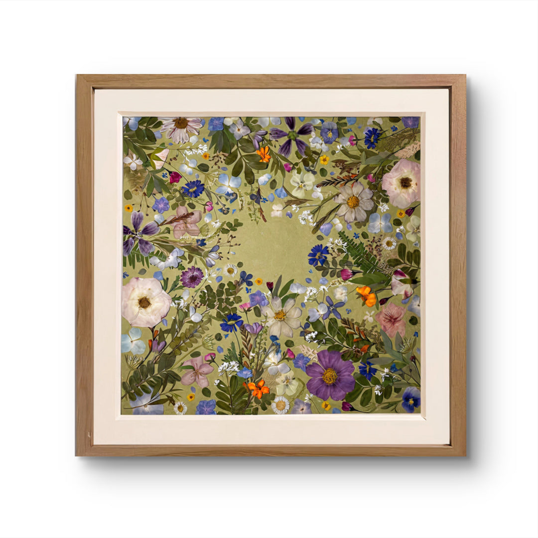 white background pressed flower frame art with flower petals