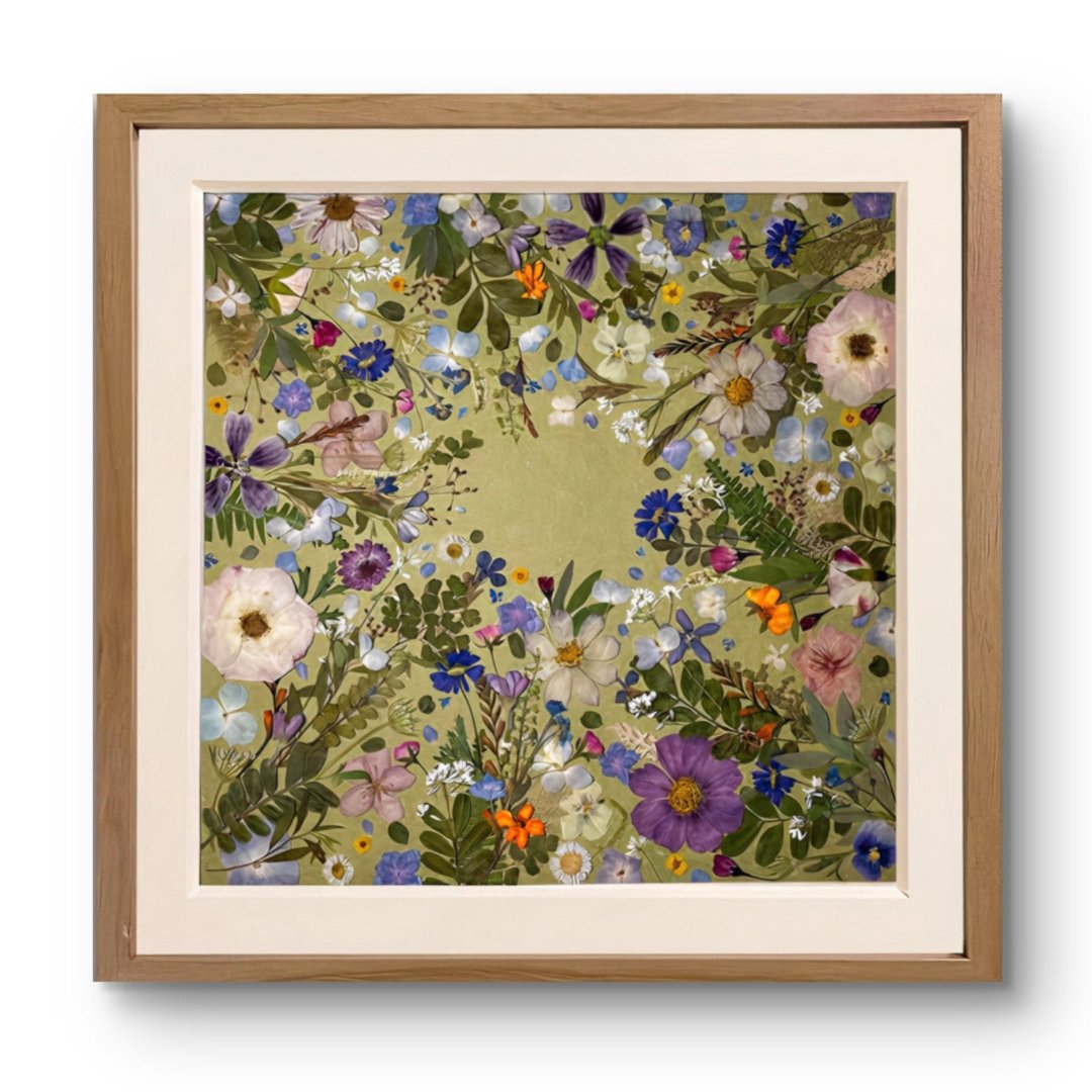 white background pressed flower frame art with flower petals