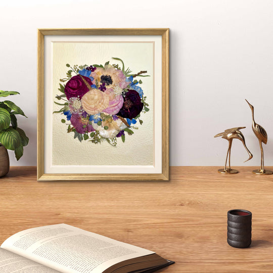 rose petals formed pressed flower frame art stands on wood desktop
