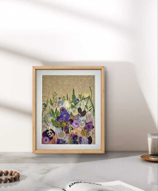 8.8 inches width 11 inches height pressed flower frame that presents vibrant spring stands on the table.