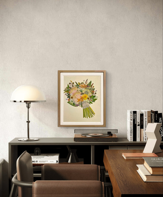 11 inches width 12.5 inches height pressed flower frame art that is yellow bouquet theme hanging above table.