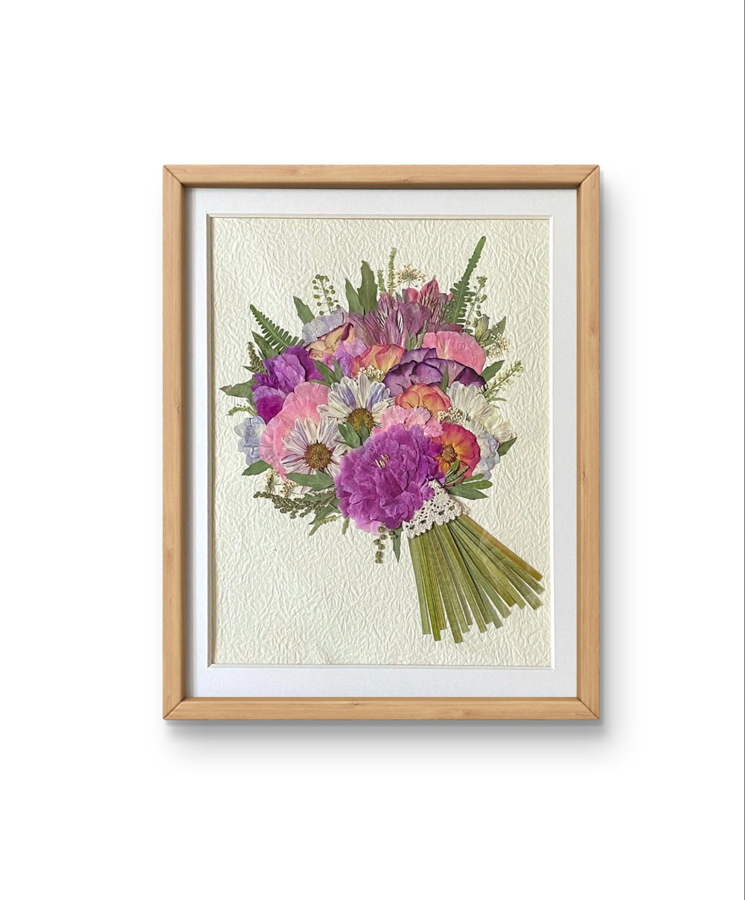 11 inches width 12.5 inches height pressed flower frame art that is purple style.