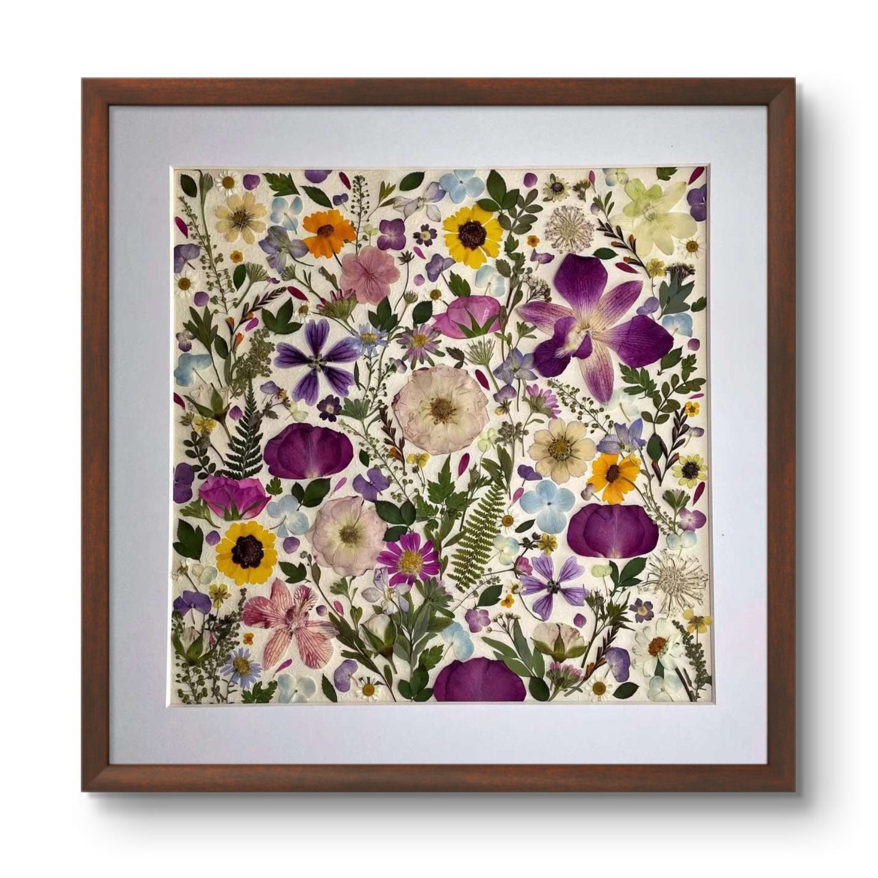 15.7 inch width 15.7 inch height pressed flower frame art that has vibrant and colorful petals formed design.