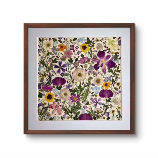 15.7 inch width 15.7 inch height pressed flower frame art that has vibrant and colorful petals formed design.